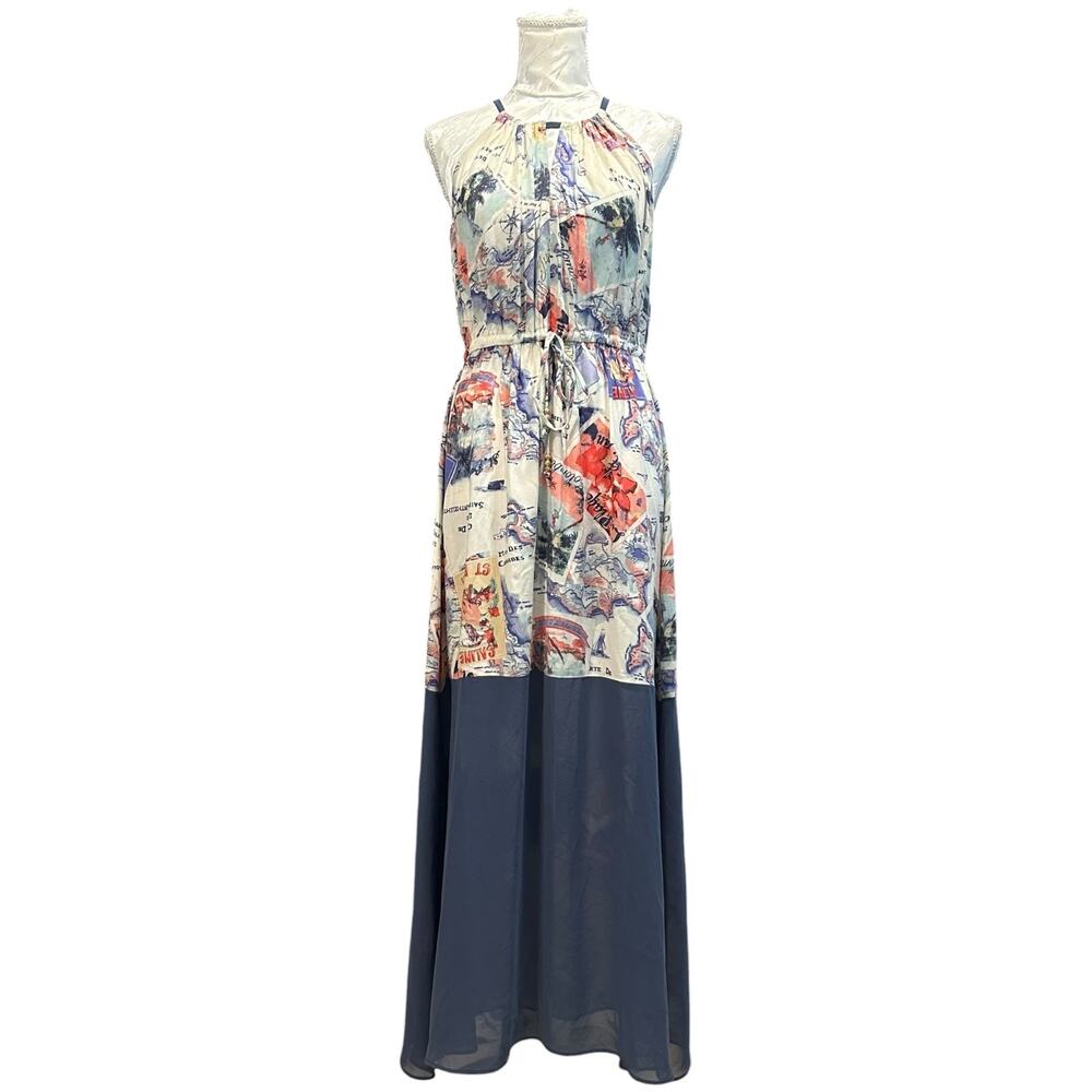 Postcard Print Halter Maxi Dress Sheer Chiffon Hem Tie Neck Womens Small - Picture 2 of 16